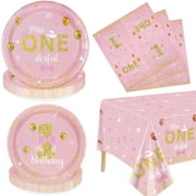 Miss Onederful Birthday Decorations - Pink Gold Birthday Plates, Napkins, Tablecloth, First Birthday Decorations Tableware for Baby Shower 1st Birthday Girls Decorations, Serve 20 Guests